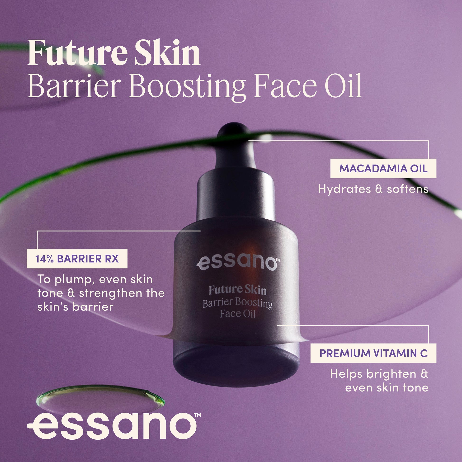 Essano Future Skin Barrier Boosting Face Oil on a purple background with product details.
